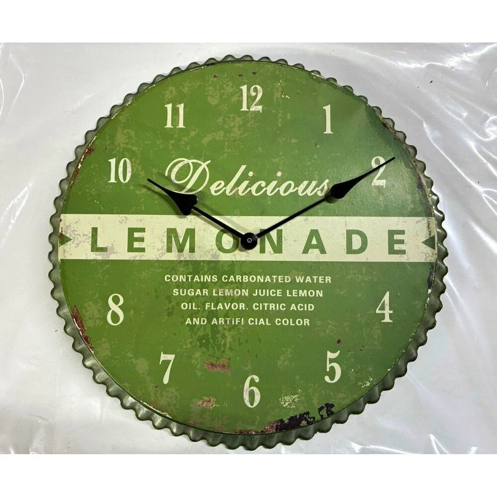 Green/White Lemonade Bottle Cap Metal Wall Clock 14in Analog Quartz Arabic